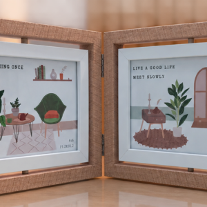 Wooden photo frame features a hinged folding design with 360°